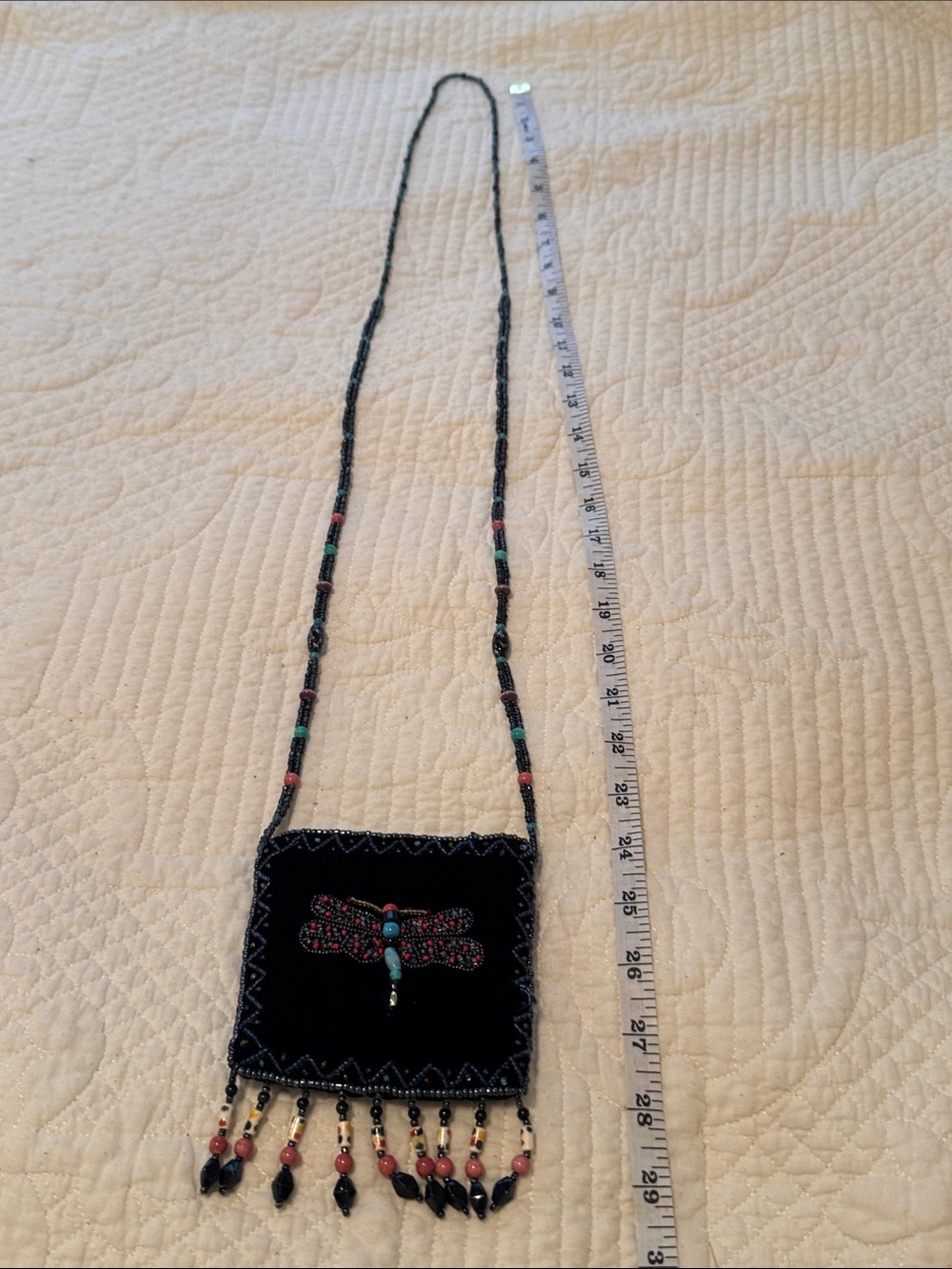 Hand Crafted Black Beaded Dragonfly Crossbody Bag